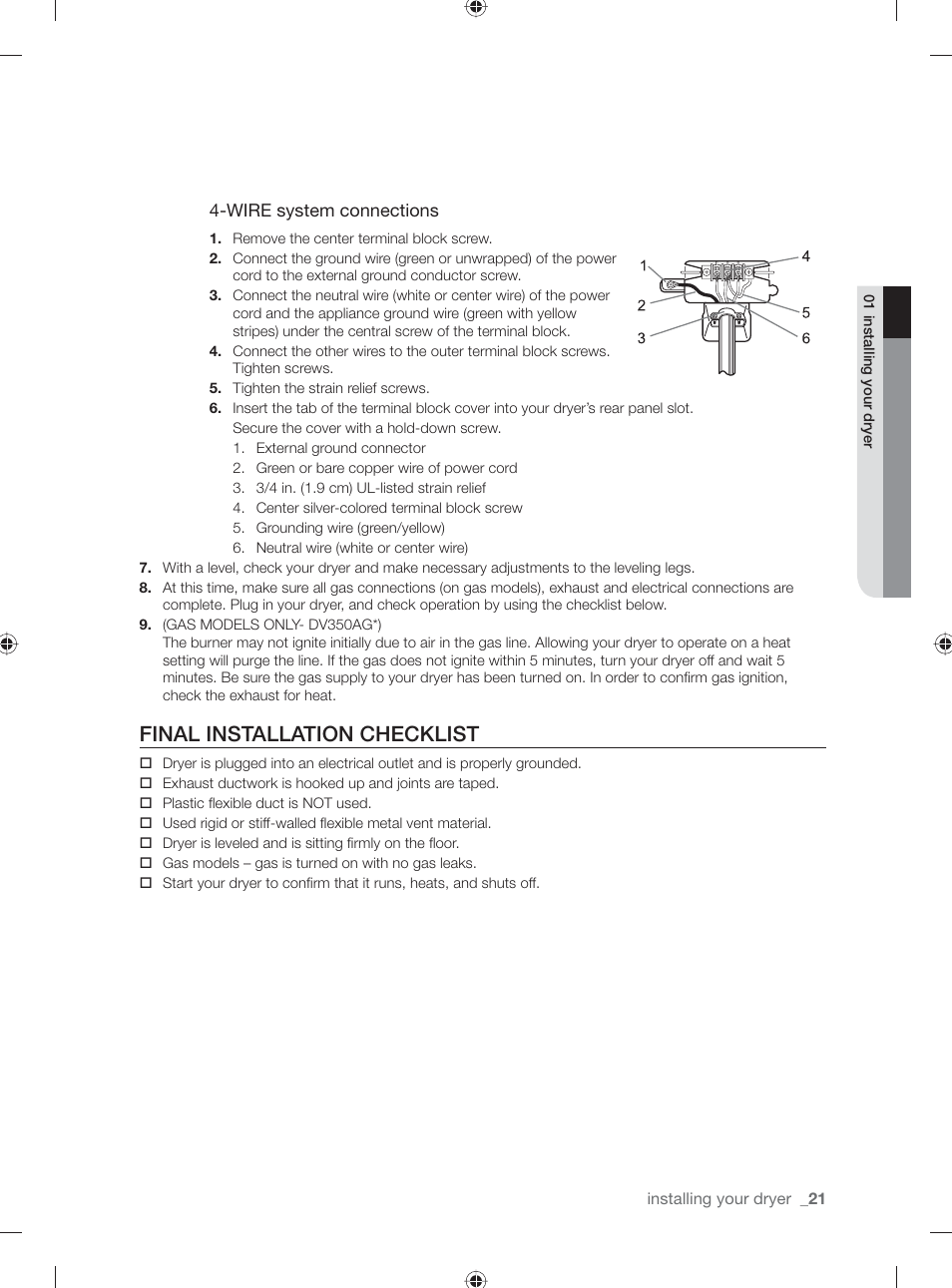 Final installation checklist | Samsung DV431AE User Manual | Page 21 / 80