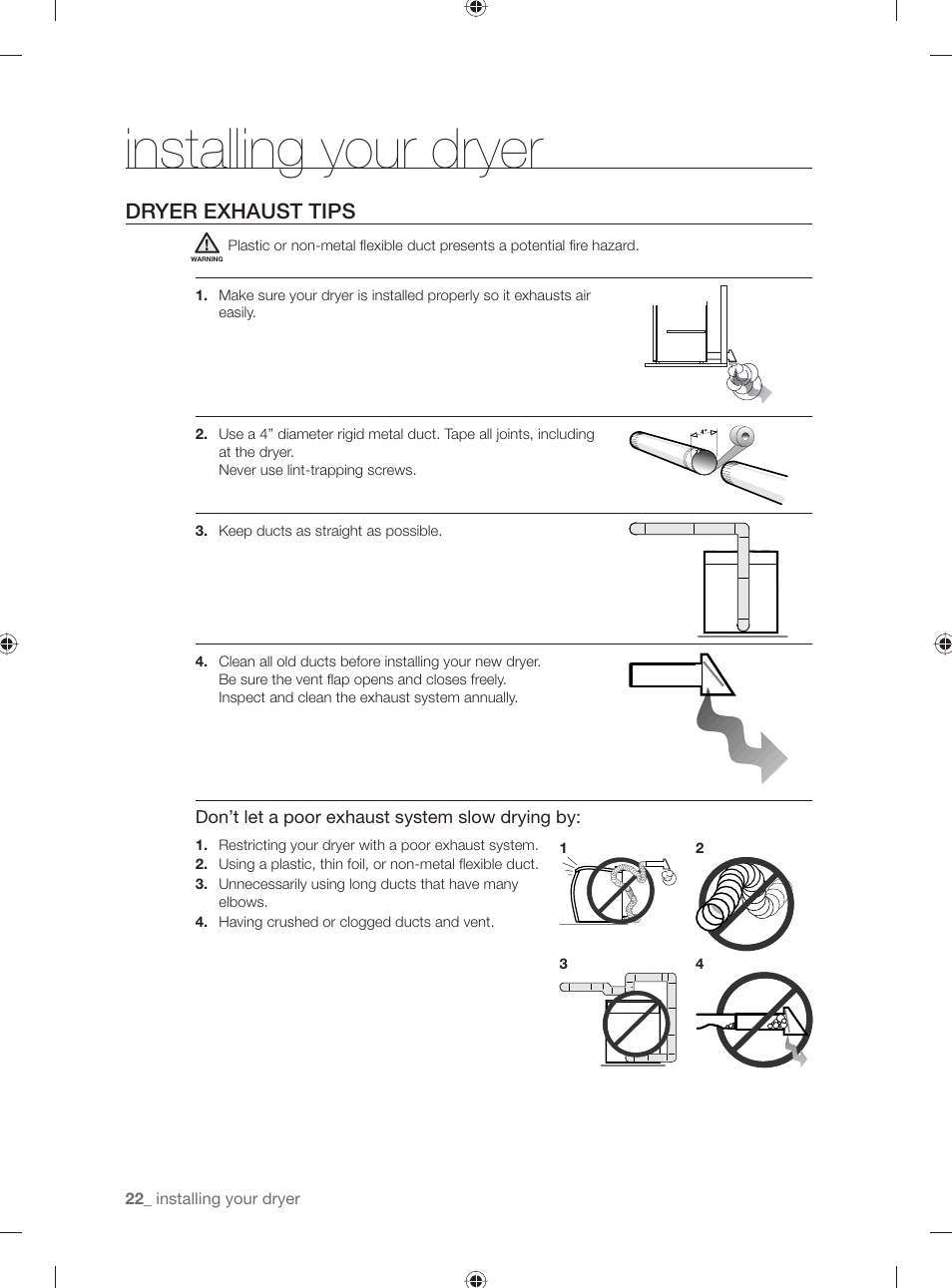 Installing your dryer, Dryer exhaust tips | Samsung DV431AE User Manual | Page 22 / 80