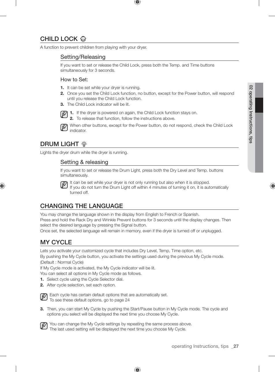 Child lock, Drum light, Changing the language | My cycle, Setting/releasing, Setting & releasing | Samsung DV431AE User Manual | Page 27 / 80
