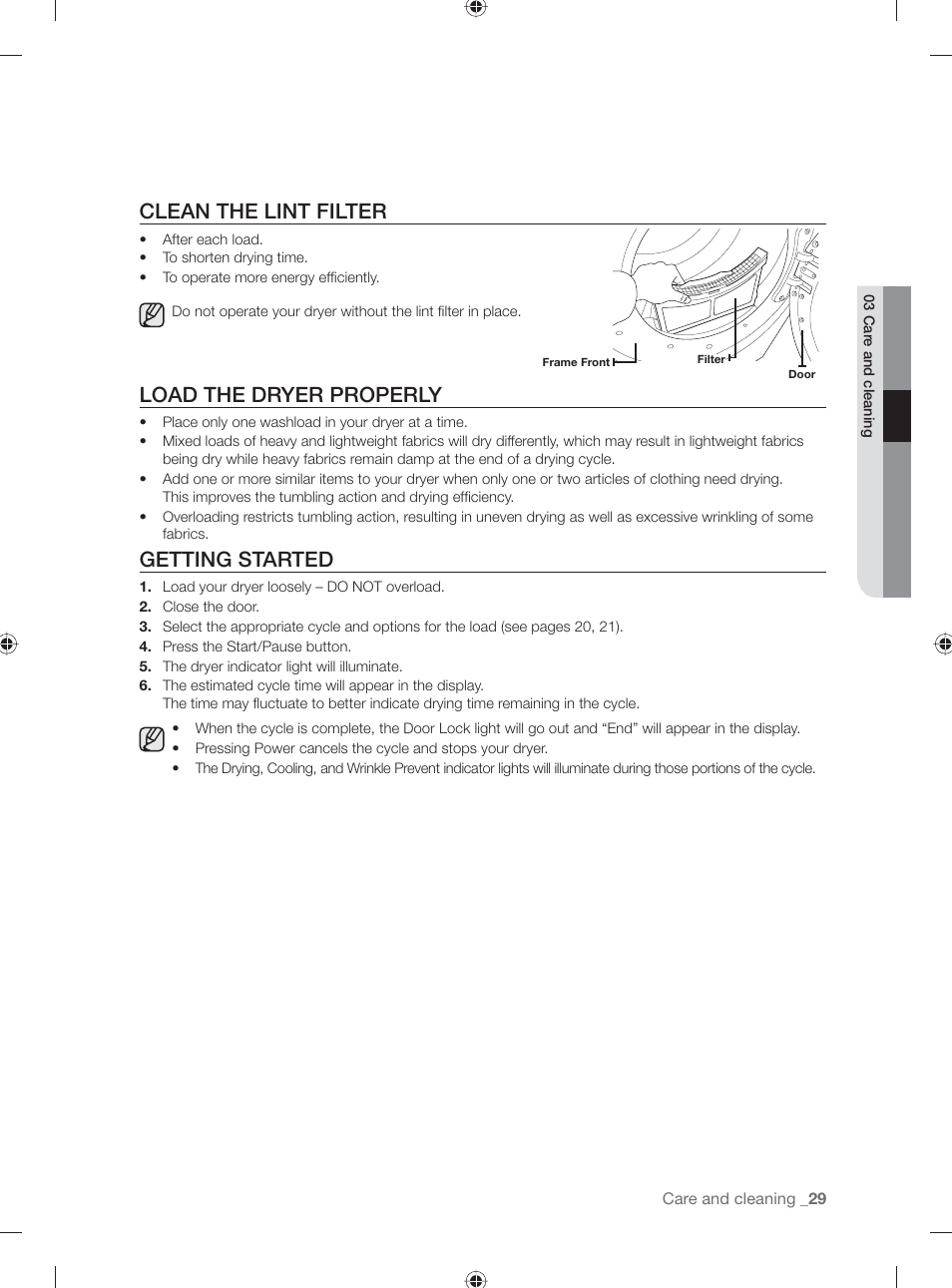 Clean the lint filter, Load the dryer properly, Getting started | Samsung DV431AE User Manual | Page 29 / 80