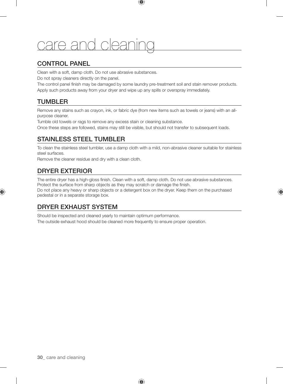 Care and cleaning, Control panel, Tumbler | Stainless steel tumbler, Dryer exterior, Dryer exhaust system | Samsung DV431AE User Manual | Page 30 / 80