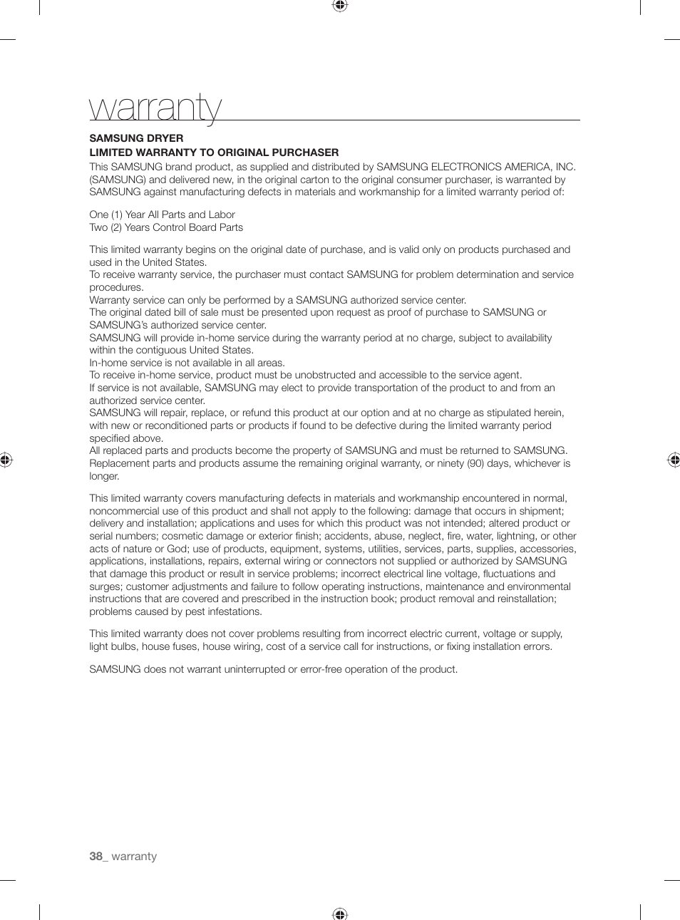 Warranty | Samsung DV431AE User Manual | Page 38 / 80