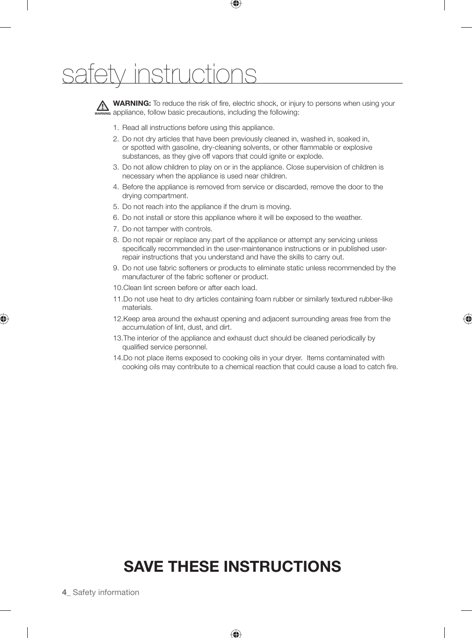 Safety instructions, Save these instructions | Samsung DV431AE User Manual | Page 4 / 80