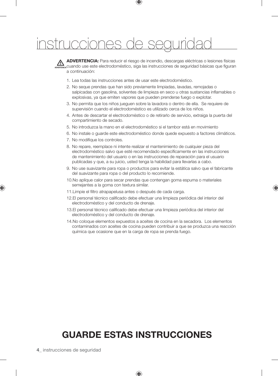 Instrucciones de seguridad, Guarde estas instrucciones | Samsung DV431AE User Manual | Page 44 / 80