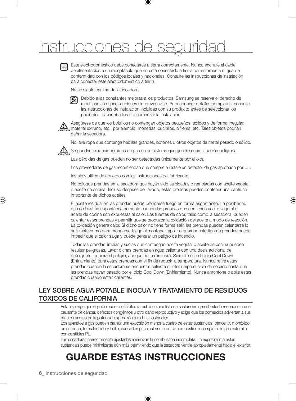 Instrucciones de seguridad, Guarde estas instrucciones | Samsung DV431AE User Manual | Page 46 / 80