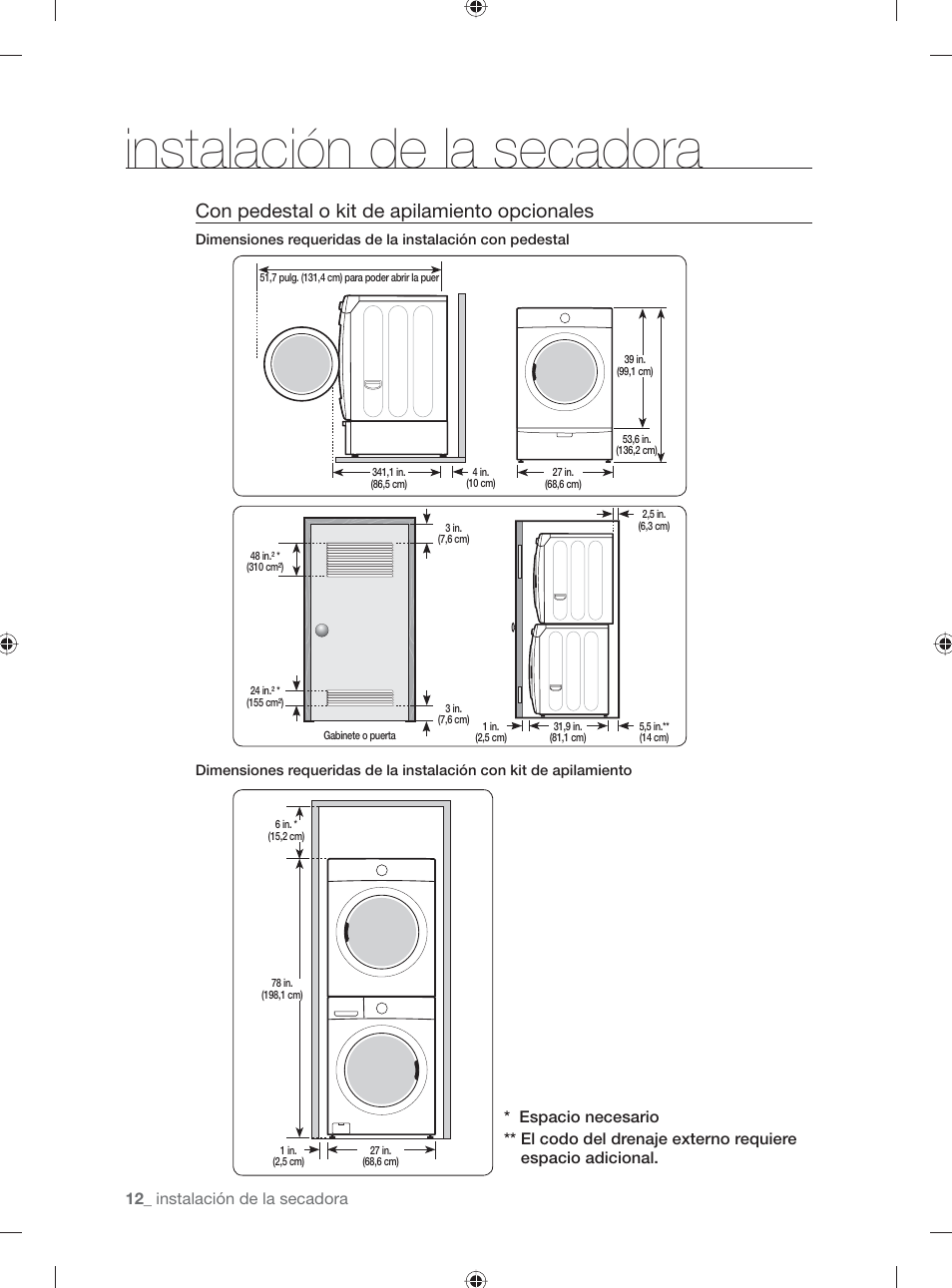 Instalación de la secadora, Con pedestal o kit de apilamiento opcionales | Samsung DV431AE User Manual | Page 52 / 80