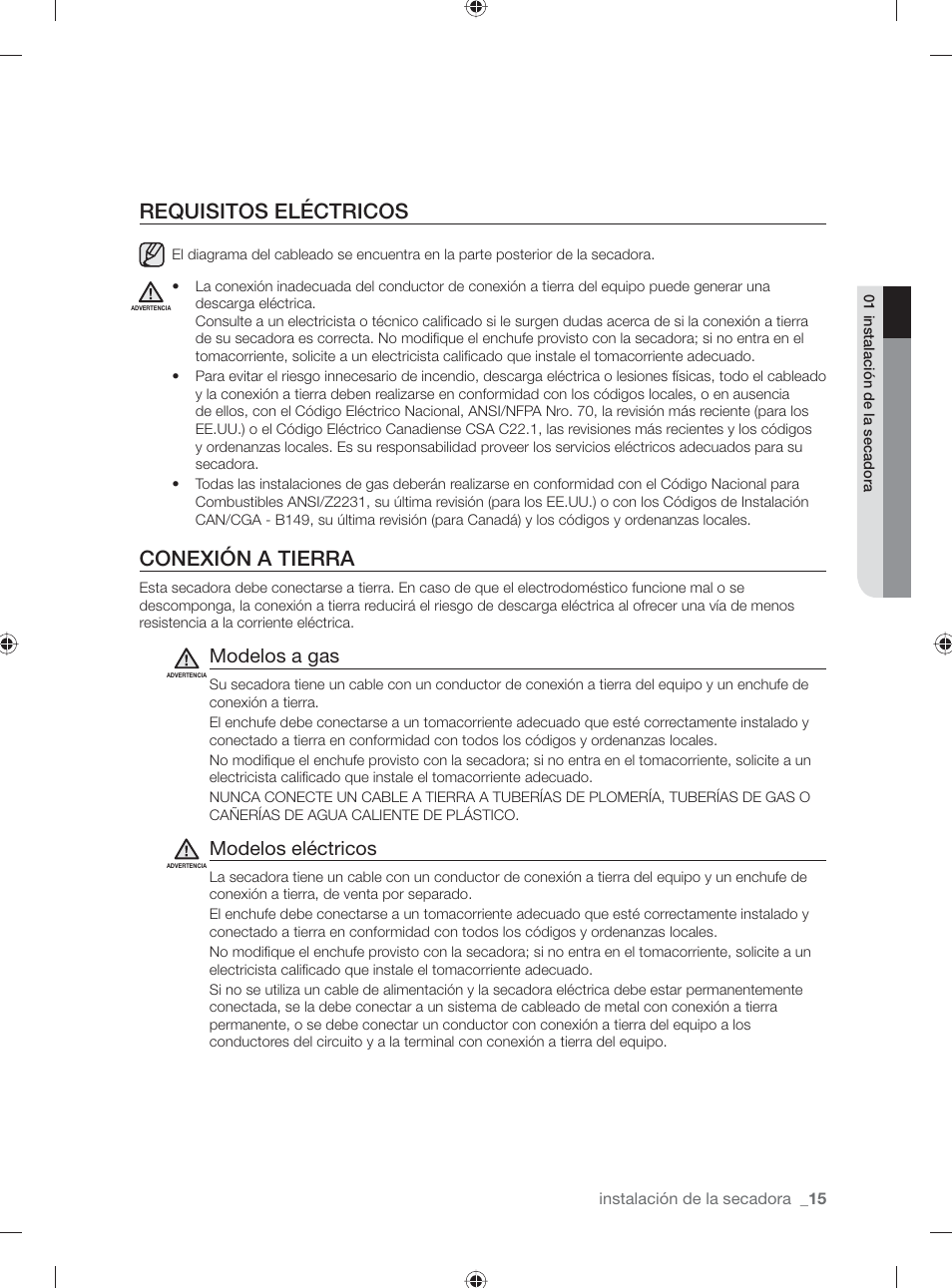 Requisitos eléctricos, Conexión a tierra, Modelos a gas | Modelos eléctricos | Samsung DV431AE User Manual | Page 55 / 80