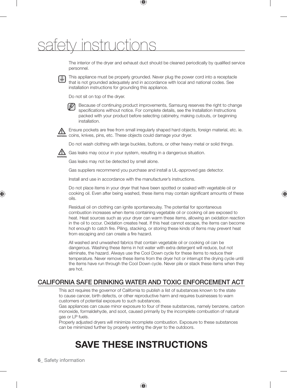 Safety instructions, Save these instructions | Samsung DV431AE User Manual | Page 6 / 80