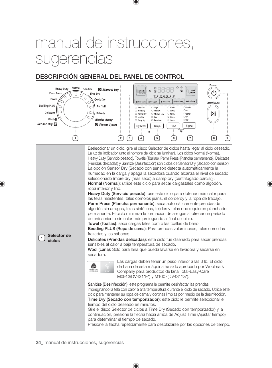 Manual de instrucciones, sugerencias, Descripción general del panel de control | Samsung DV431AE User Manual | Page 64 / 80