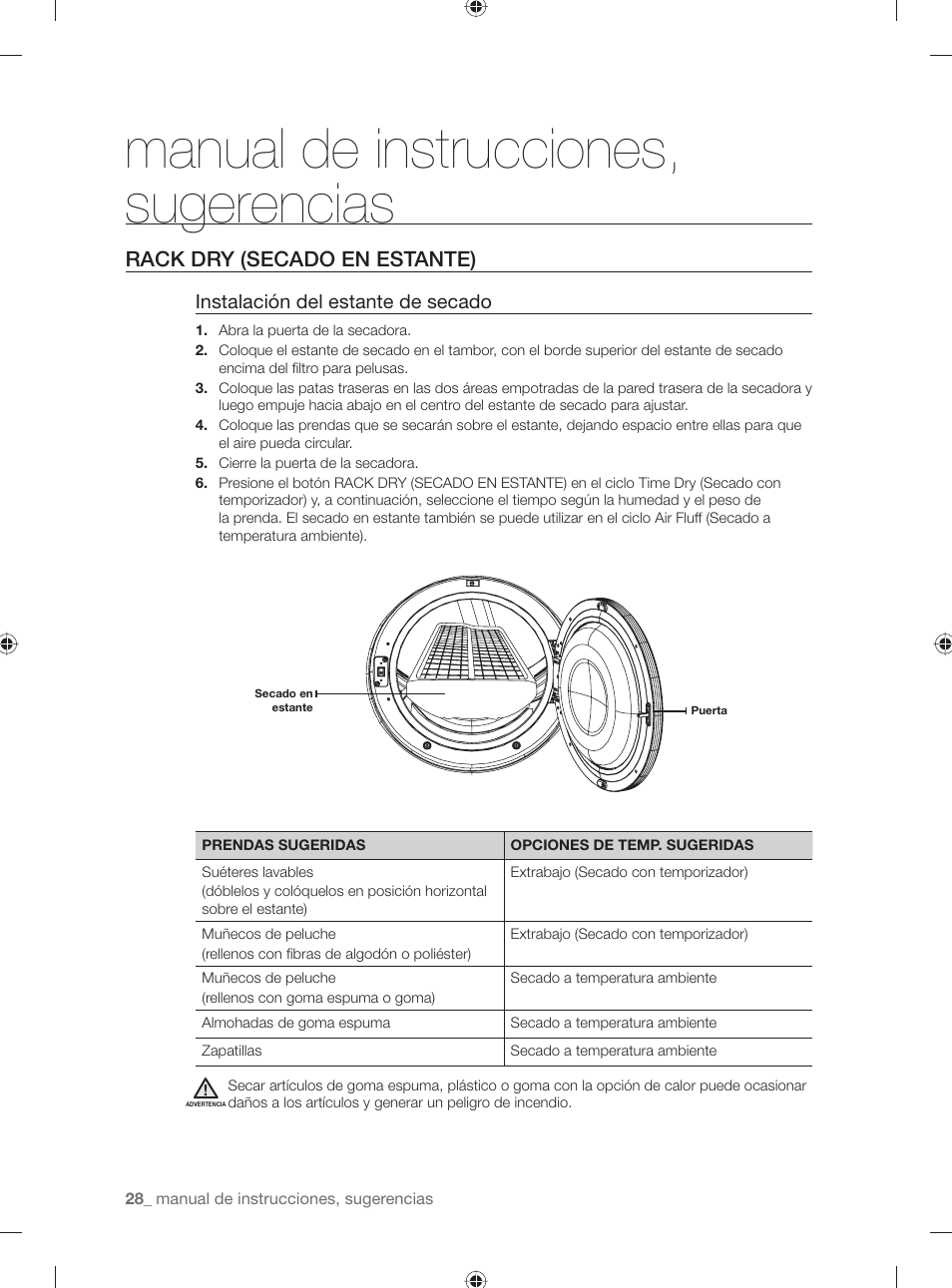 Manual de instrucciones, sugerencias, Rack dry (secado en estante), Instalación del estante de secado | Samsung DV431AE User Manual | Page 68 / 80