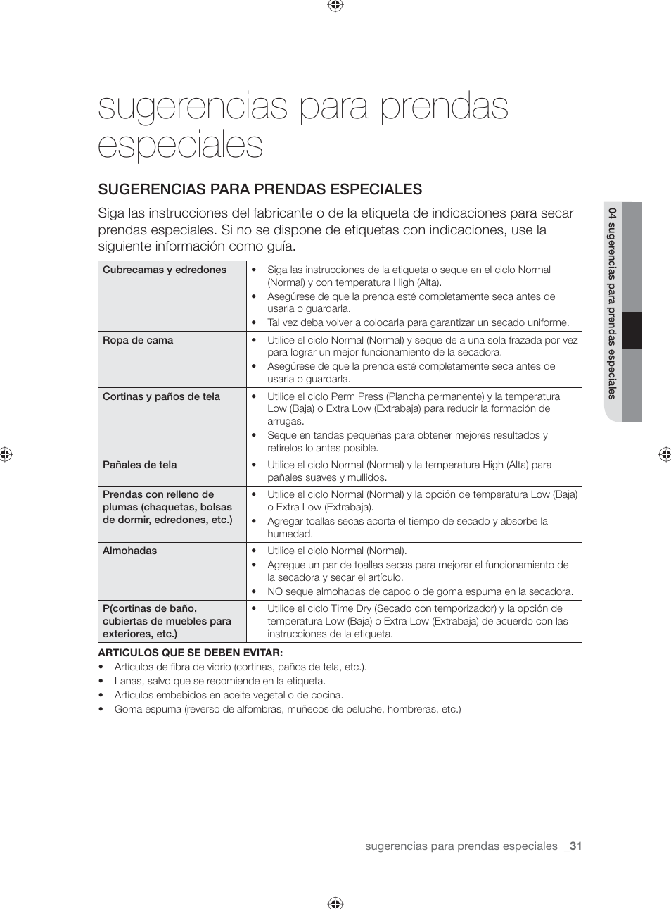 Sugerencias para prendas especiales | Samsung DV431AE User Manual | Page 71 / 80