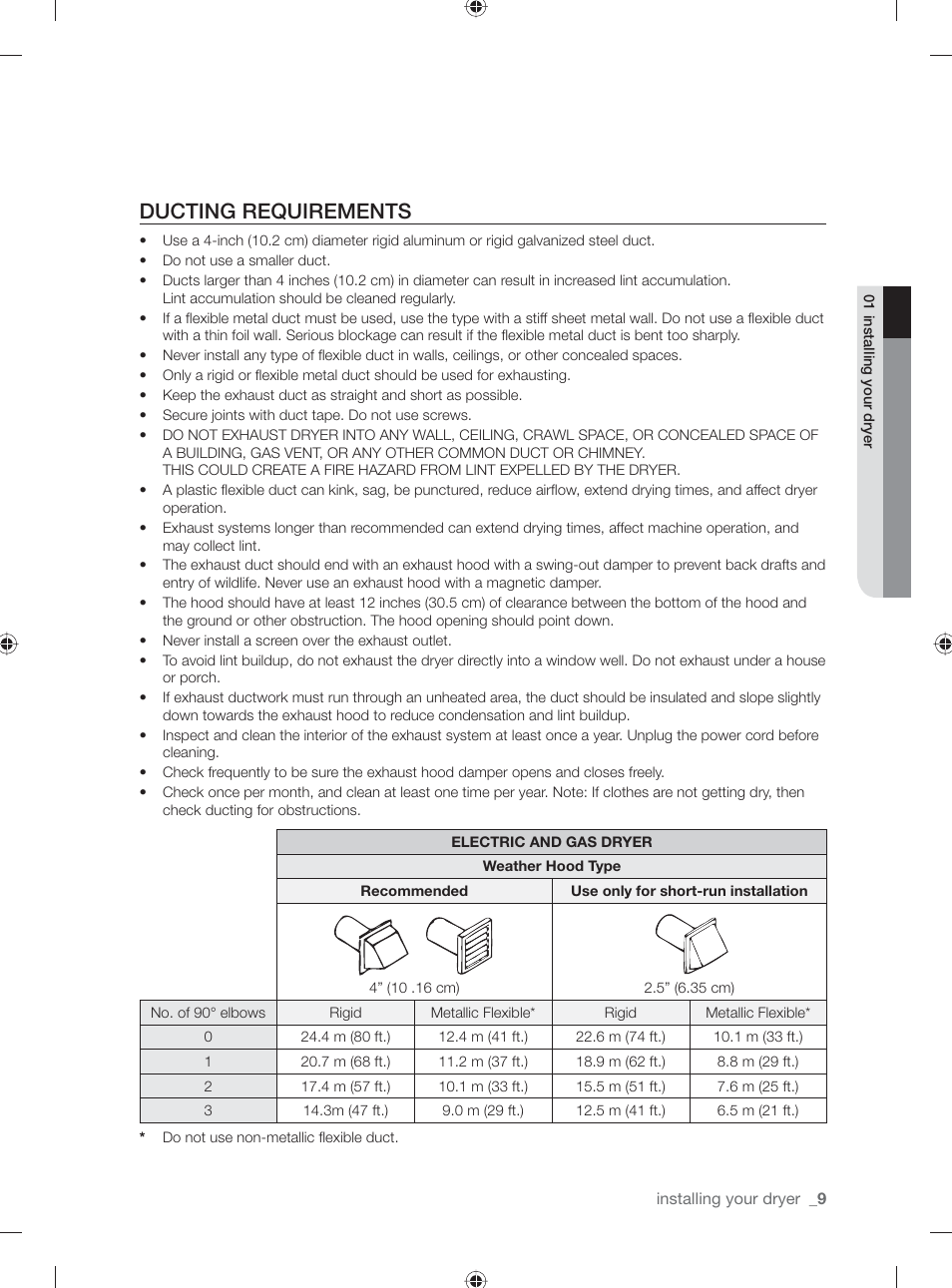 Ducting requirements | Samsung DV431AE User Manual | Page 9 / 80