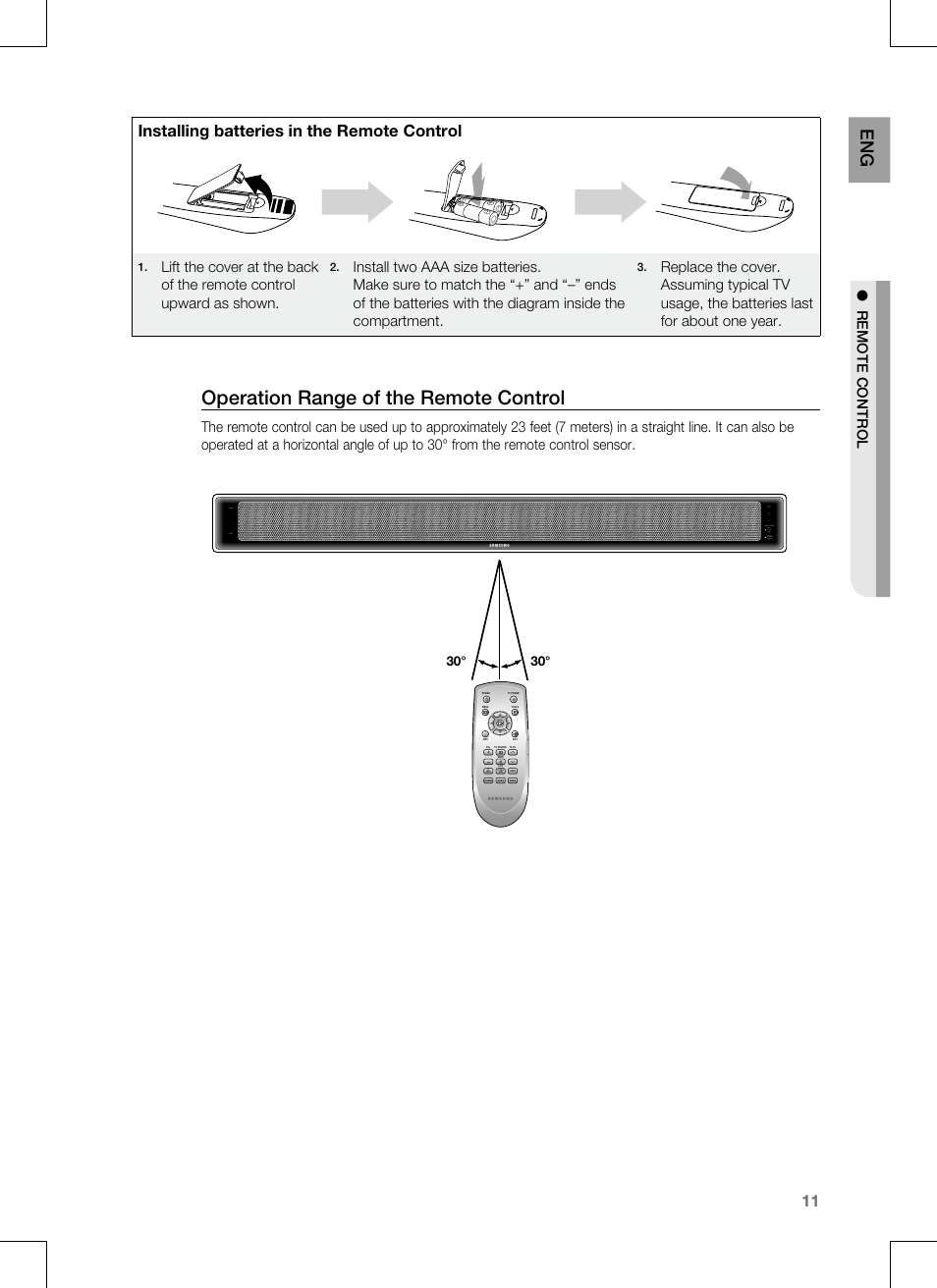 Operation range of the remote control, Installing batteries in the remote control, Pcm dolby dts input mode news cinema music max min | Samsung HT-SB1G User Manual | Page 11 / 21