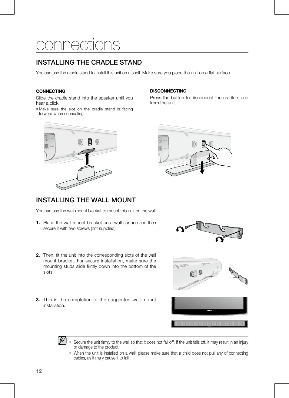 Connections, Installing the wall mount, Installing the cradle stand | Samsung HT-SB1G User Manual | Page 12 / 21