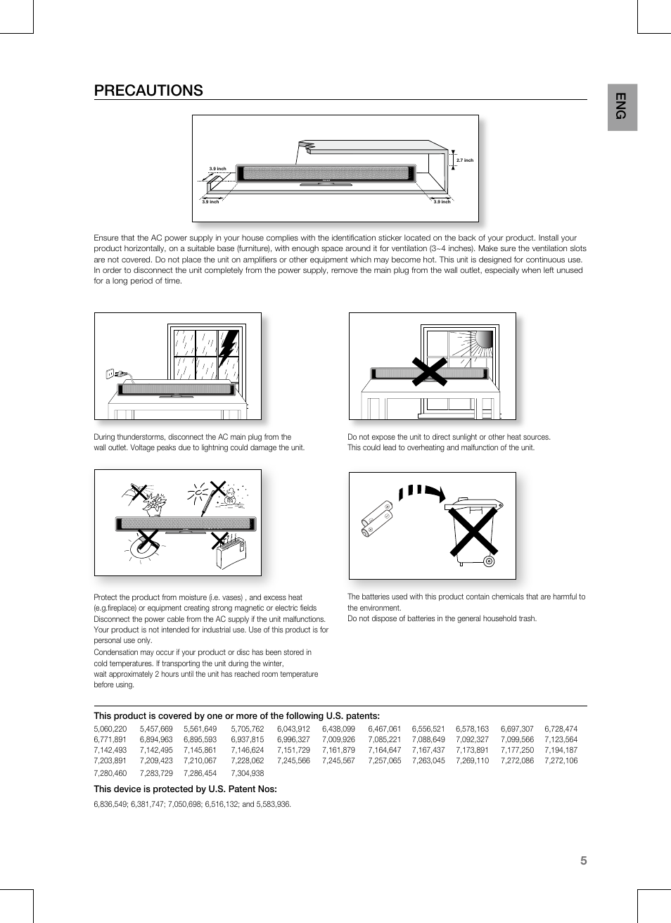 Precautions | Samsung HT-SB1G User Manual | Page 5 / 21