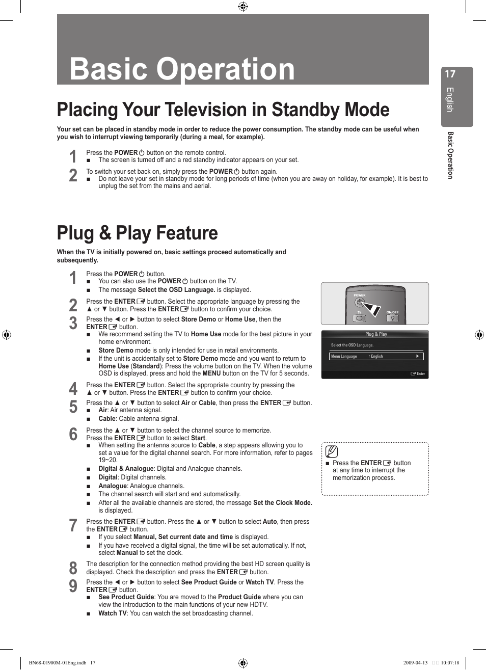 Basic operation, Placing your television in standby mode, Plug & play feature | Samsung BN68-01900M-01 User Manual | Page 17 / 107