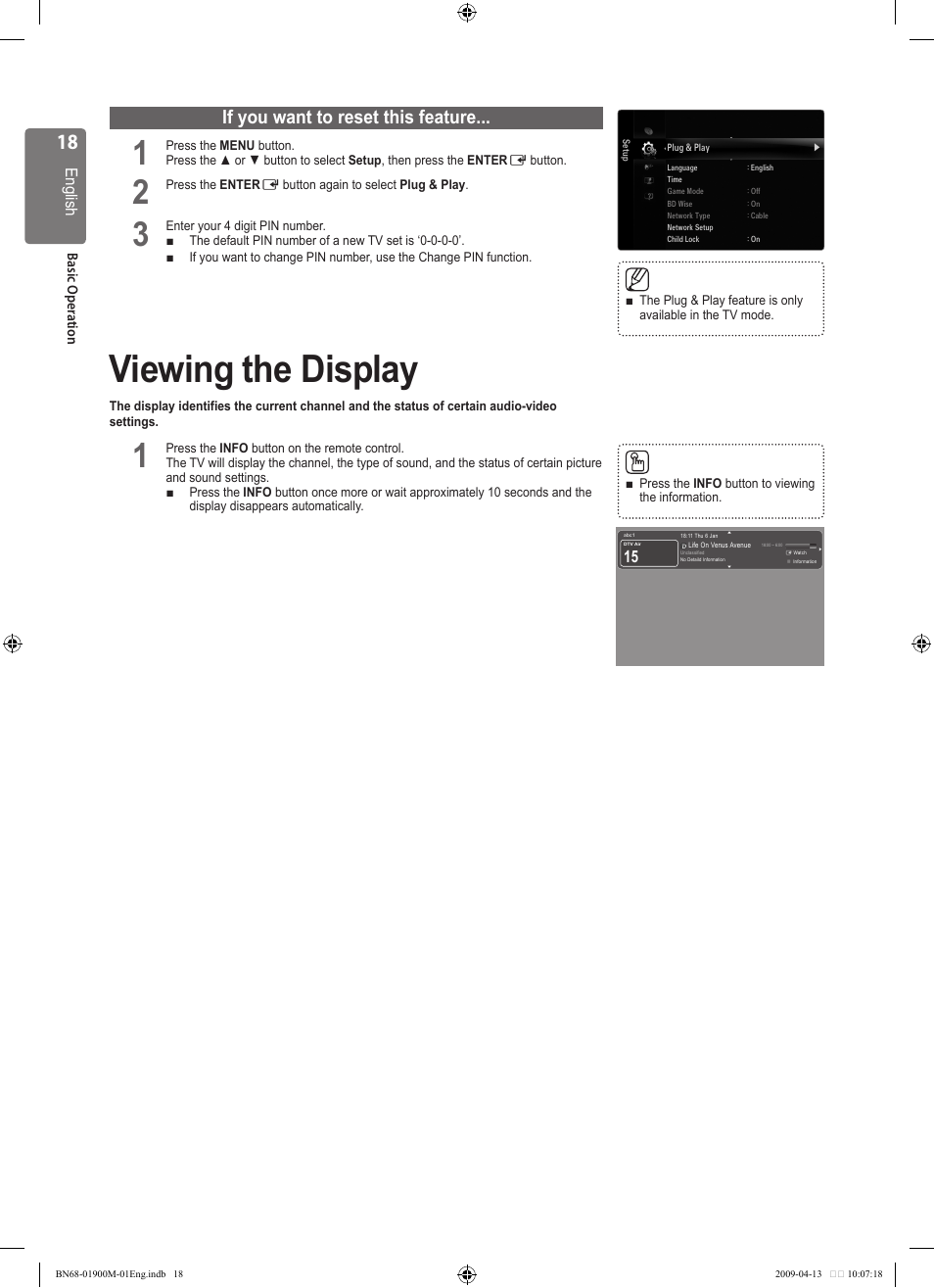 Viewing the display, If you want to reset this feature | Samsung BN68-01900M-01 User Manual | Page 18 / 107