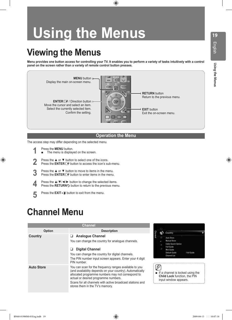 Using the menus, Viewing the menus, Channel menu | Samsung BN68-01900M-01 User Manual | Page 19 / 107