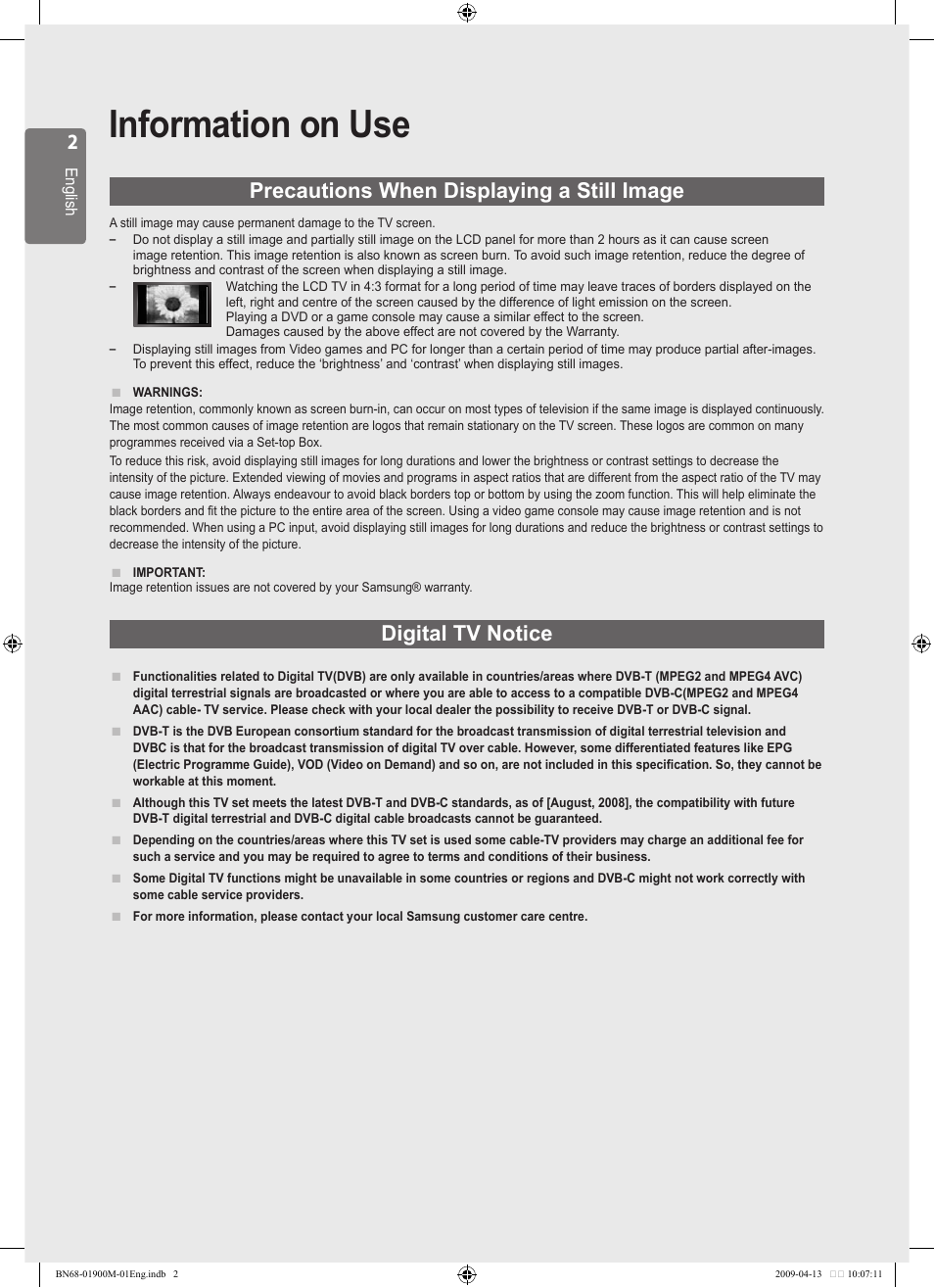 Information on use, Precautions when displaying a still image, Digital tv notice | Samsung BN68-01900M-01 User Manual | Page 2 / 107