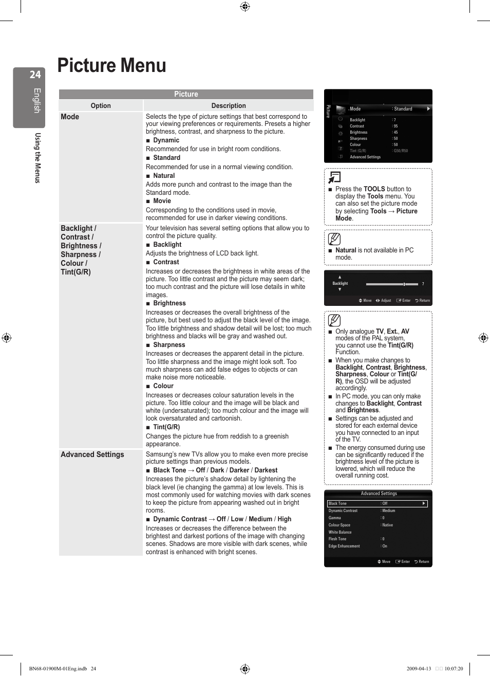Picture menu, English | Samsung BN68-01900M-01 User Manual | Page 24 / 107