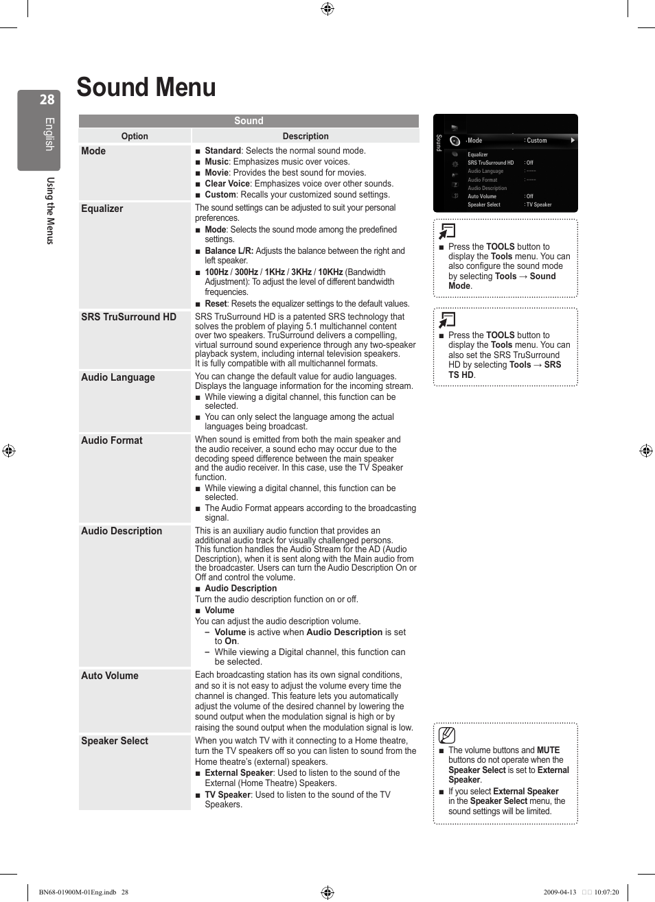 Sound menu | Samsung BN68-01900M-01 User Manual | Page 28 / 107