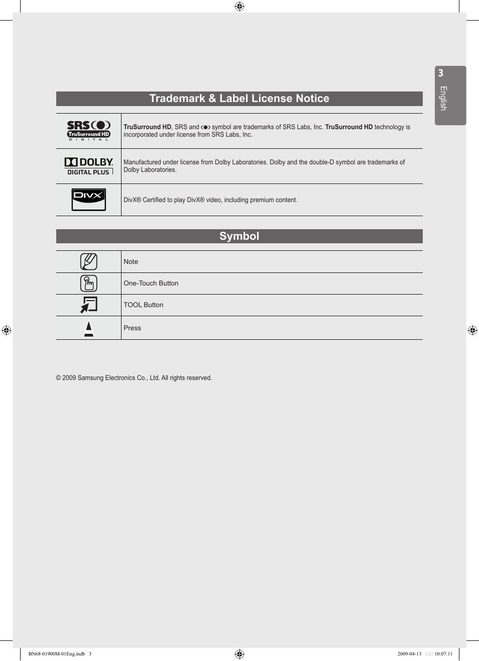 Trademark & label license notice, Symbol | Samsung BN68-01900M-01 User Manual | Page 3 / 107
