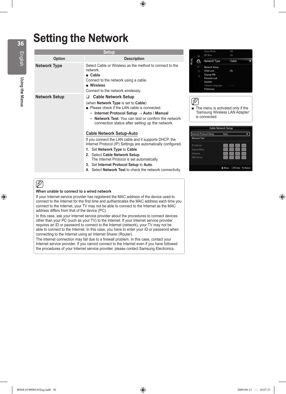Setting the network, English, Using the m enus | Setup, Network type, Network setup cable network setup, Cable network setup-auto | Samsung BN68-01900M-01 User Manual | Page 36 / 107