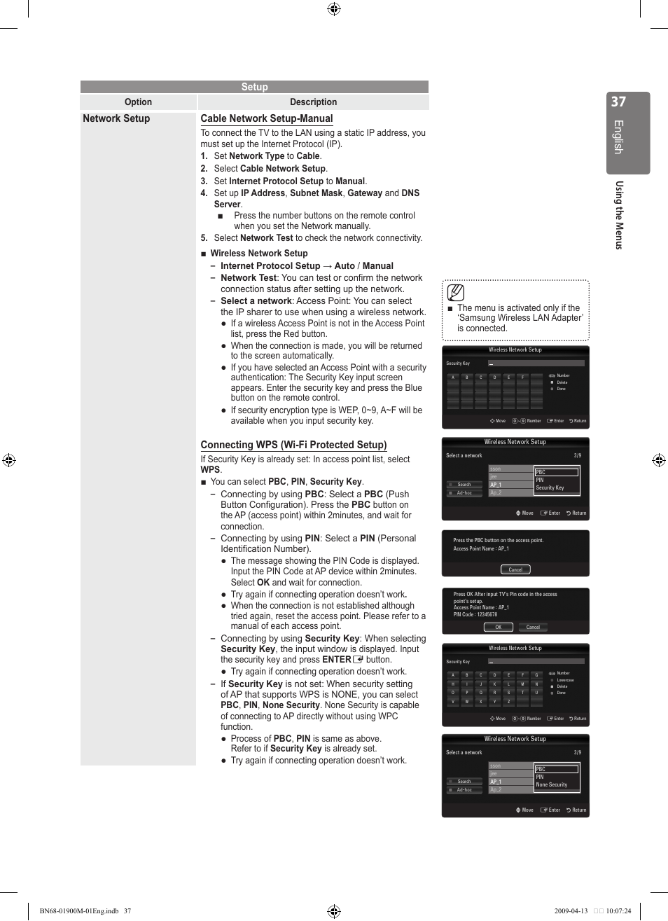 English, Using the m enus setup, Network setup cable network setup-manual | Connecting wps (wi-fi protected setup) | Samsung BN68-01900M-01 User Manual | Page 37 / 107