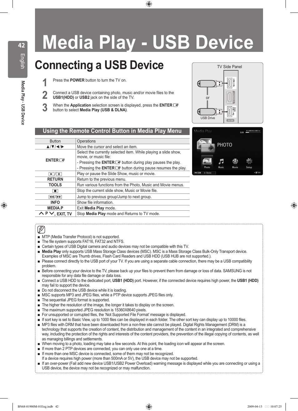 Media play - usb device, Connecting a usb device, Using the remote control button in media play menu | Samsung BN68-01900M-01 User Manual | Page 42 / 107