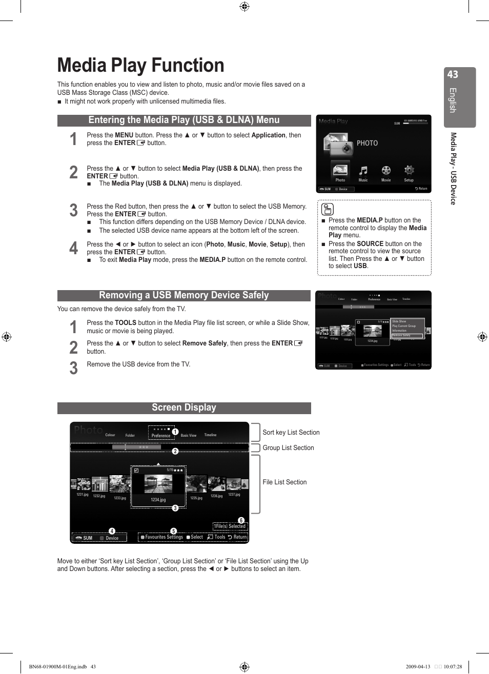 Media play function, Entering the media play (usb & dlna) menu, Screen display | English | Samsung BN68-01900M-01 User Manual | Page 43 / 107