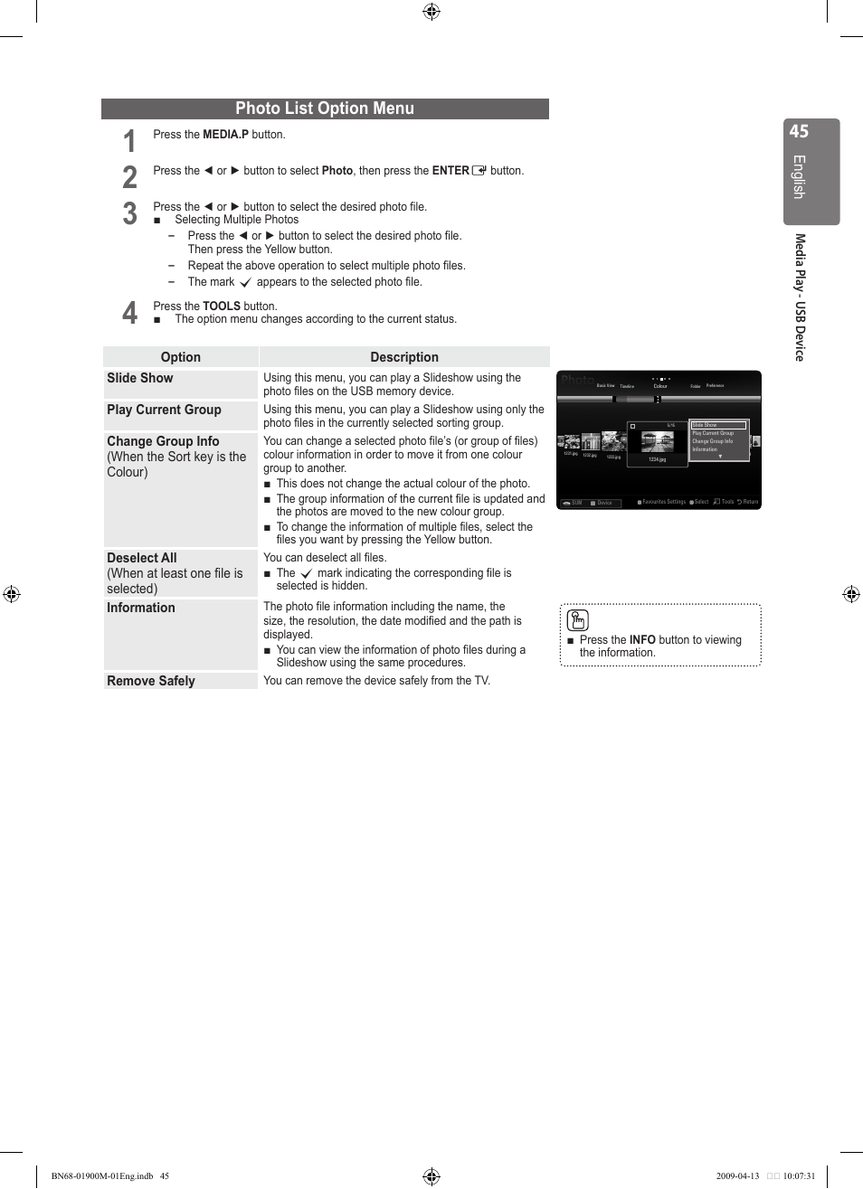 Photo list option menu | Samsung BN68-01900M-01 User Manual | Page 45 / 107
