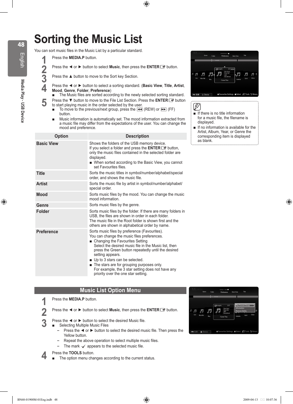 Sorting the music list, Music list option menu, English | Samsung BN68-01900M-01 User Manual | Page 48 / 107