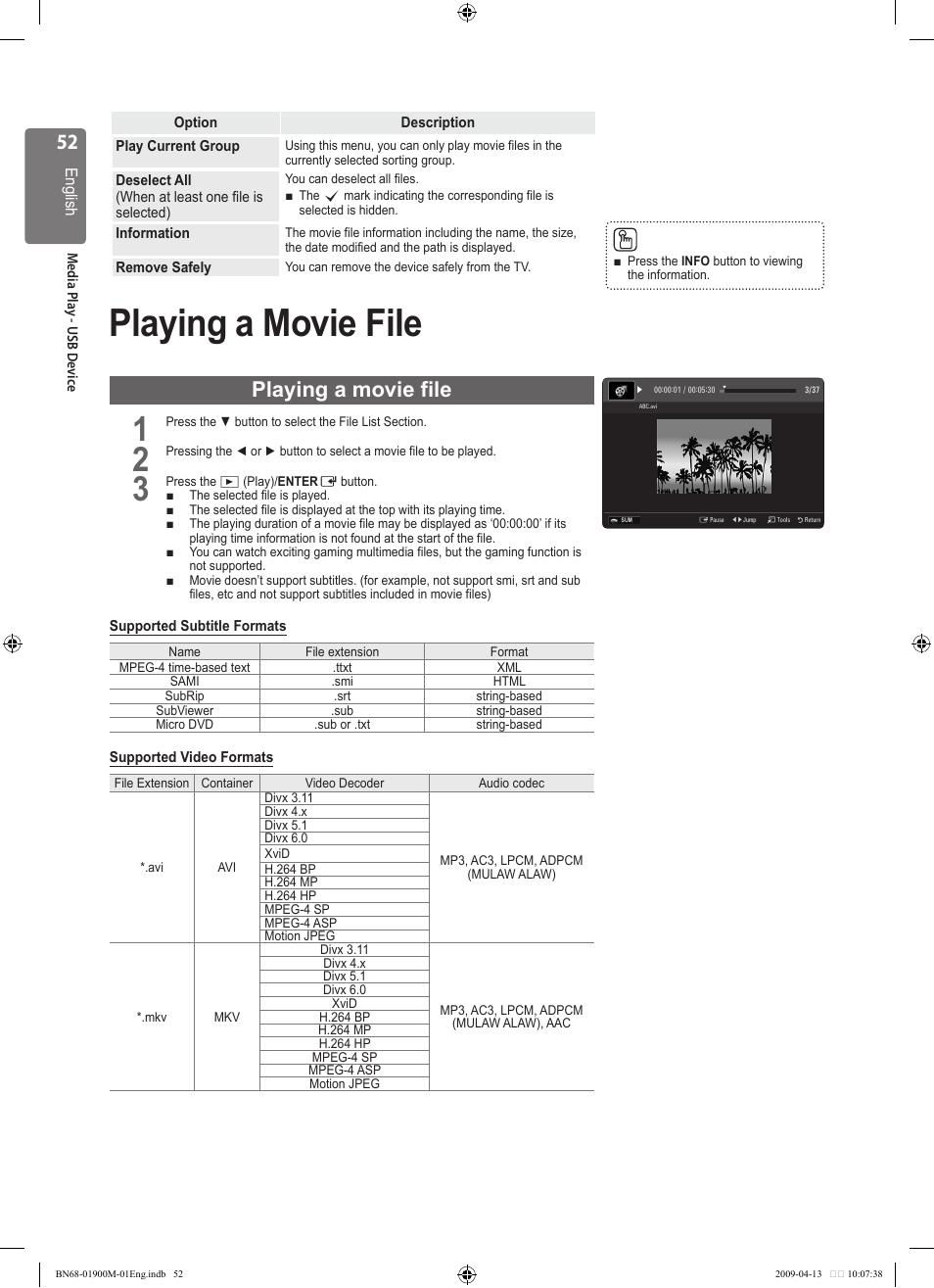 Playing a movie file | Samsung BN68-01900M-01 User Manual | Page 52 / 107