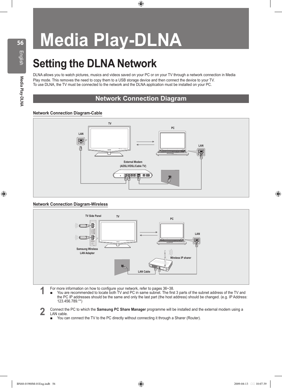 Media play-dlna, Setting the dlna network, Network connection diagram | Samsung BN68-01900M-01 User Manual | Page 56 / 107