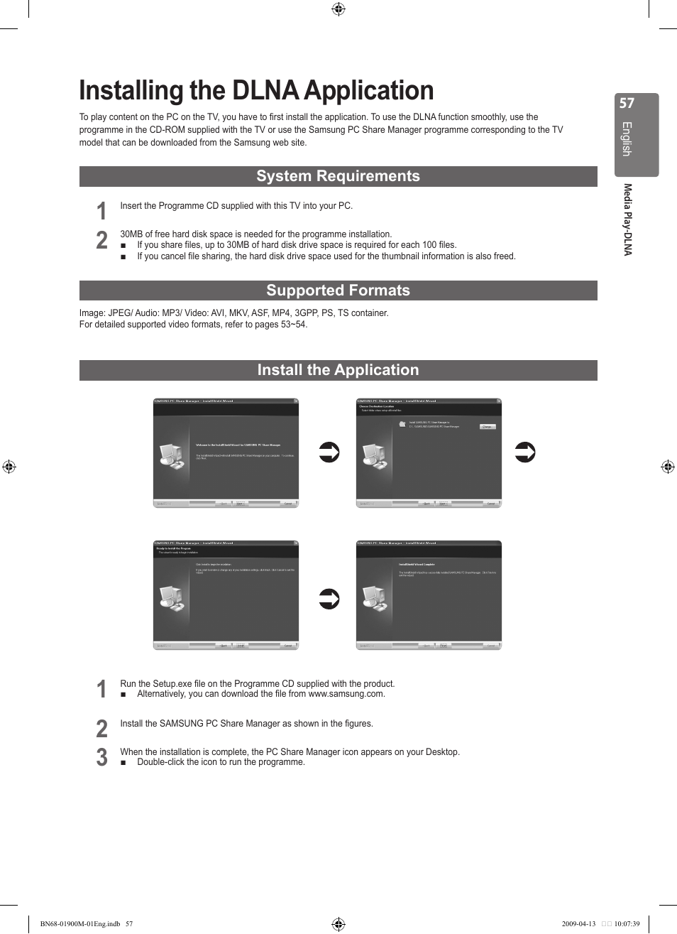 Installing the dlna application, System requirements, Supported formats | Install the application | Samsung BN68-01900M-01 User Manual | Page 57 / 107