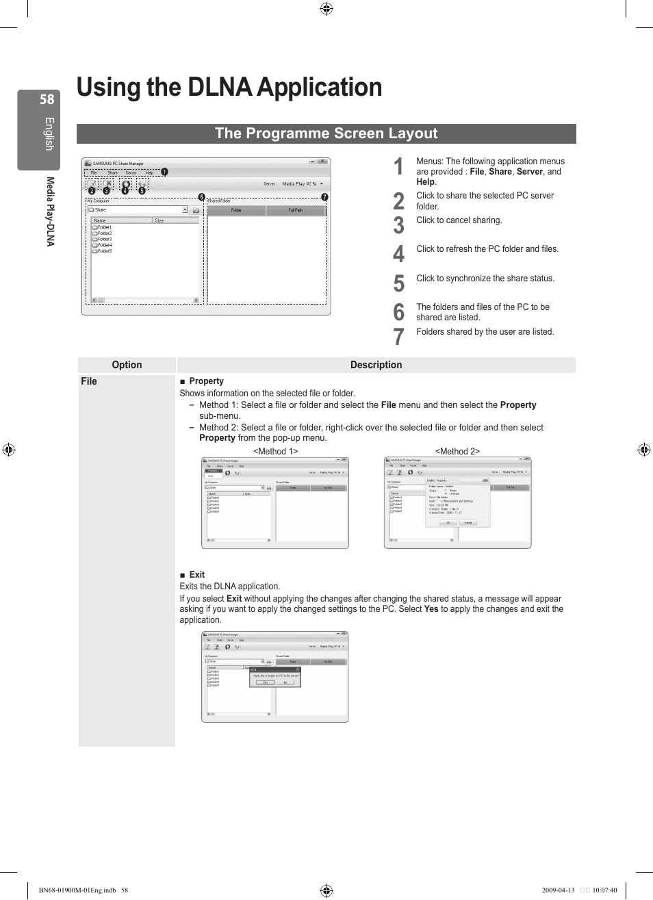 Using the dlna application, The programme screen layout | Samsung BN68-01900M-01 User Manual | Page 58 / 107