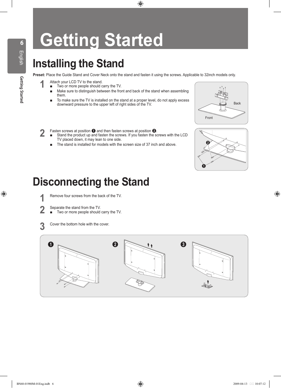 Getting started, Installing the stand, Disconnecting the stand | Samsung BN68-01900M-01 User Manual | Page 6 / 107