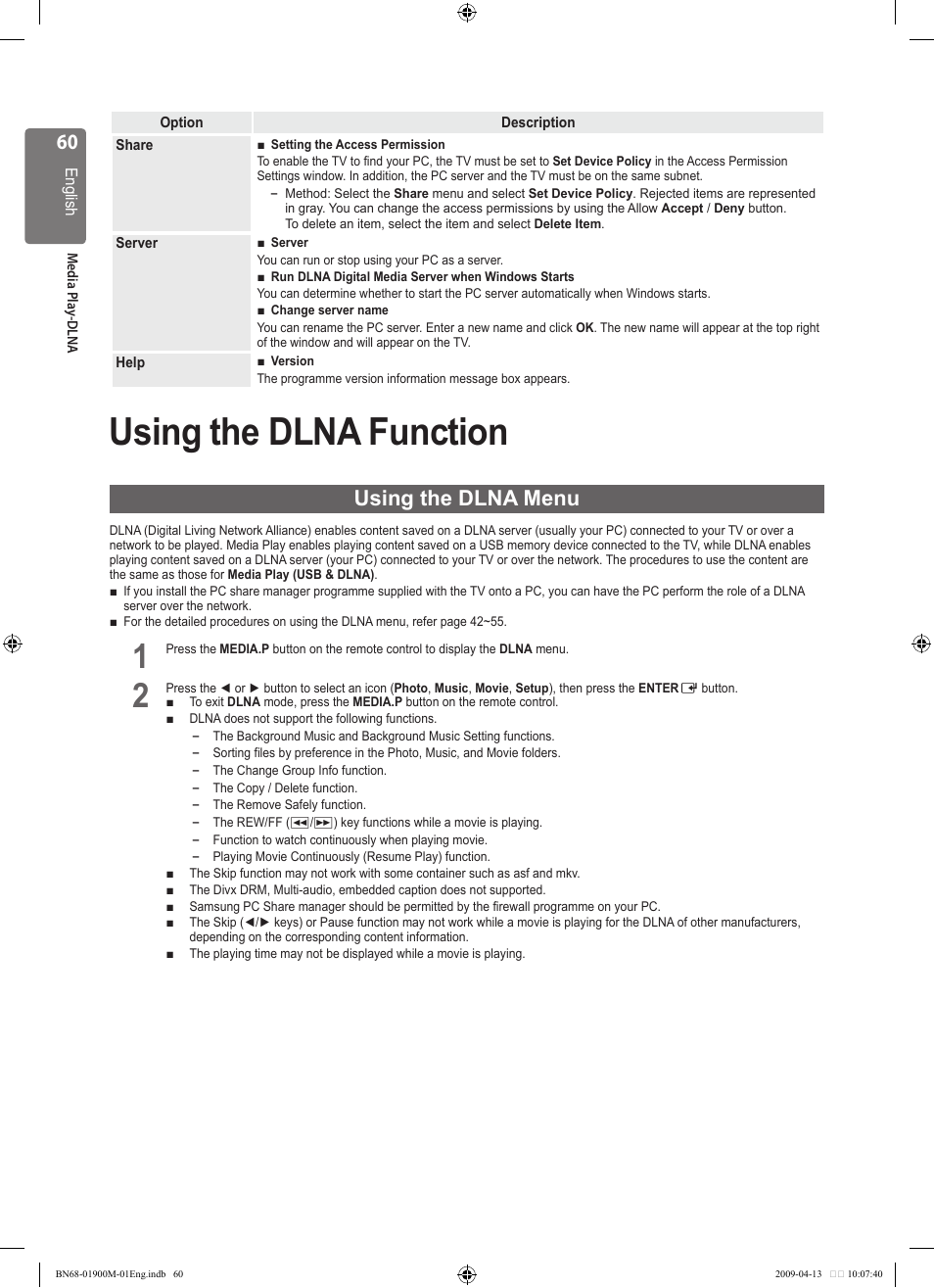 Using the dlna function, Using the dlna menu | Samsung BN68-01900M-01 User Manual | Page 60 / 107