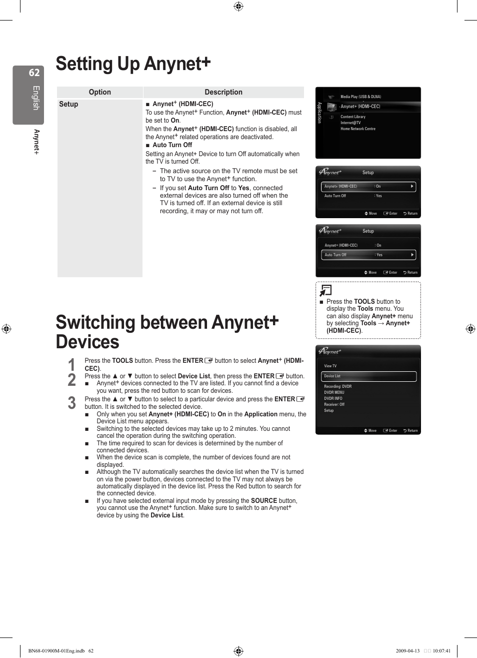 Setting up anynet, Switching between anynet+ devices | Samsung BN68-01900M-01 User Manual | Page 62 / 107