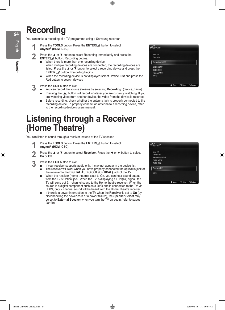 Recording, Listening through a receiver (home theatre) | Samsung BN68-01900M-01 User Manual | Page 64 / 107