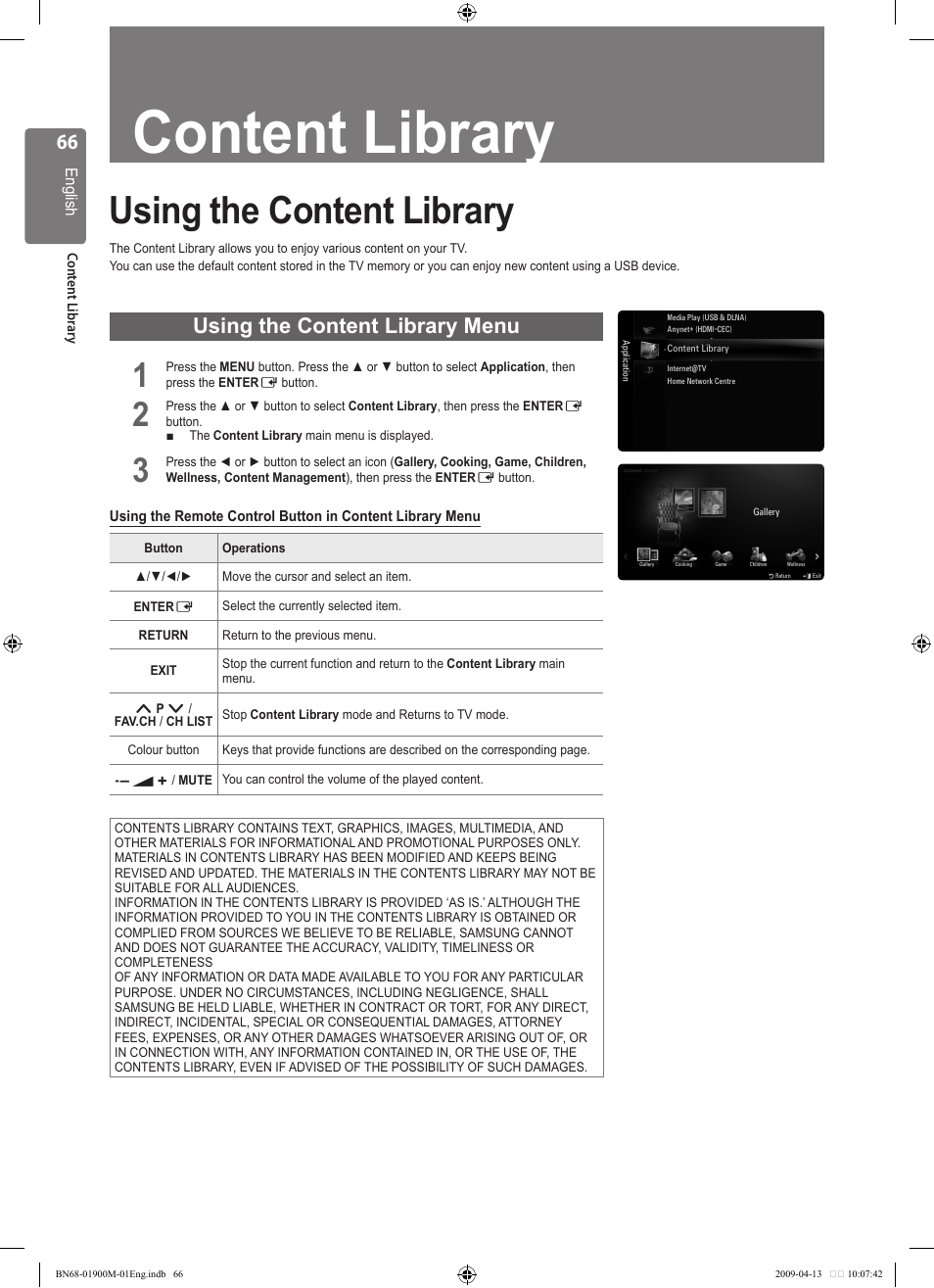 Content library, Using the content library, Using the content library menu | Samsung BN68-01900M-01 User Manual | Page 66 / 107