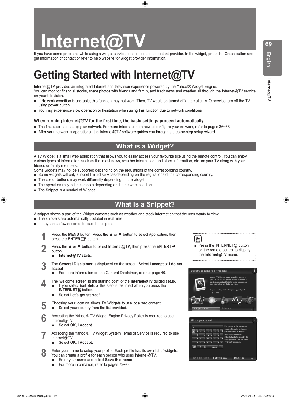 Internet@tv, Getting started with internet@tv, What is a widget | What is a snippet | Samsung BN68-01900M-01 User Manual | Page 69 / 107