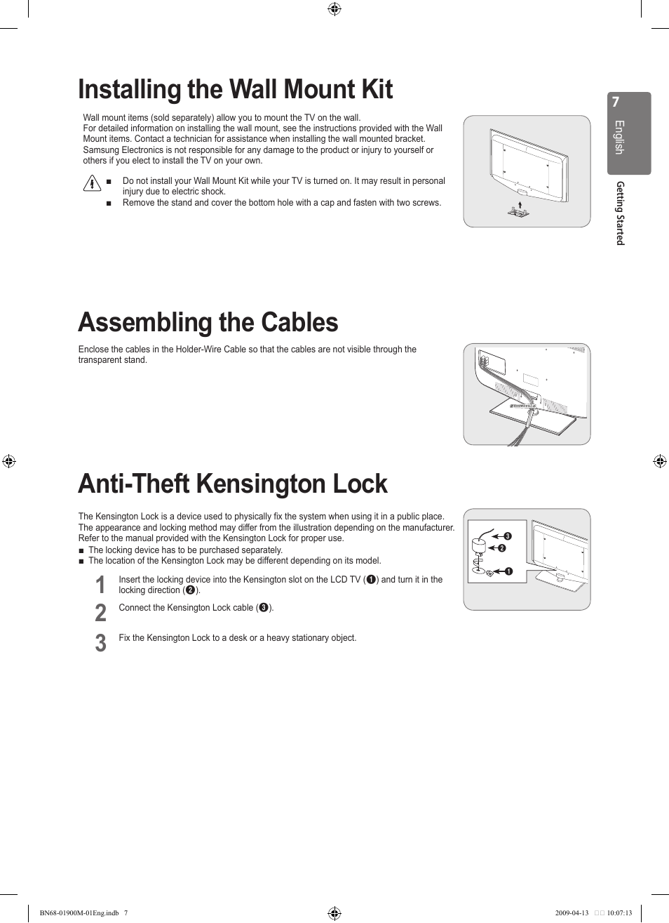 Installing the wall mount kit, Assembling the cables, Anti-theft kensington lock | Samsung BN68-01900M-01 User Manual | Page 7 / 107