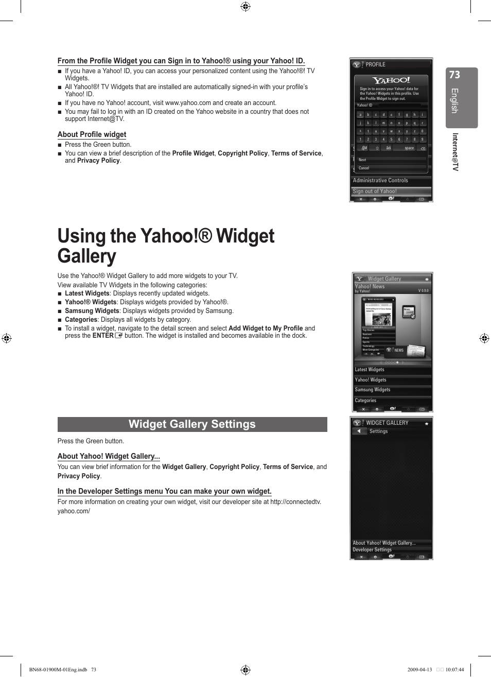Using the yahoo!® widget gallery, Widget gallery settings, English | About profile widget, About yahoo! widget gallery | Samsung BN68-01900M-01 User Manual | Page 73 / 107