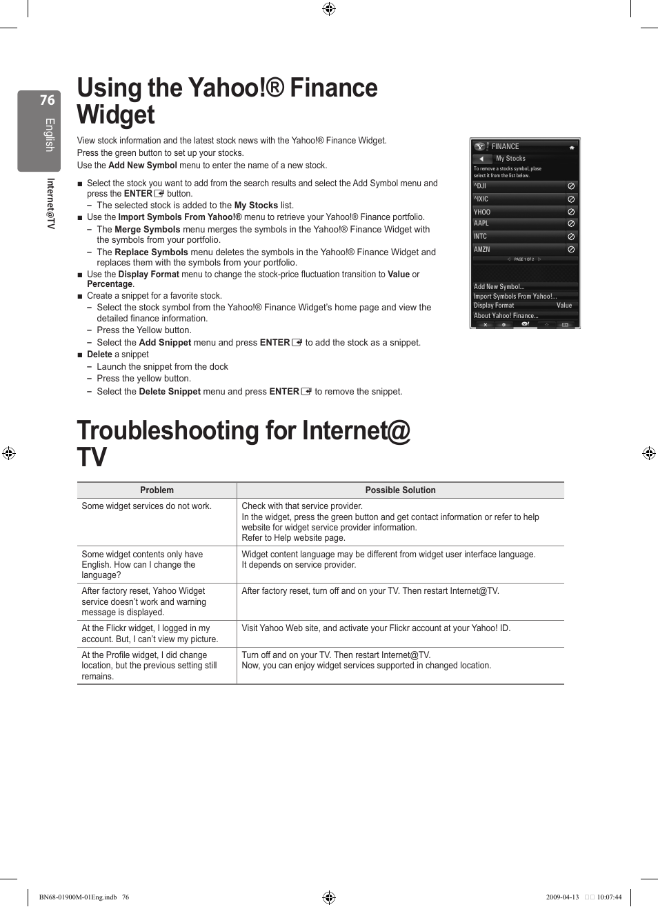 Using the yahoo!® finance widget, Troubleshooting for internet@ tv | Samsung BN68-01900M-01 User Manual | Page 76 / 107
