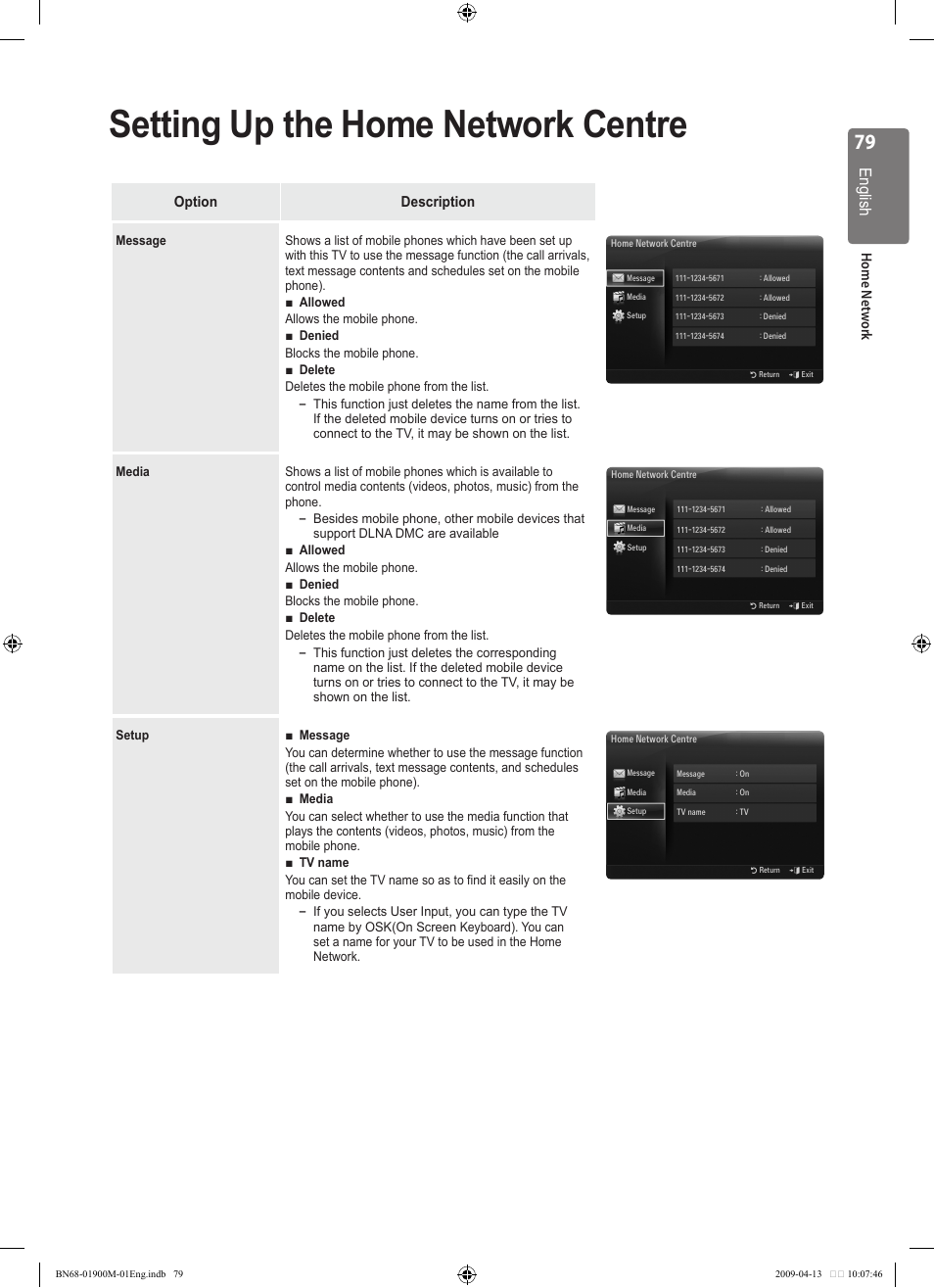 Setting up the home network centre, English | Samsung BN68-01900M-01 User Manual | Page 79 / 107