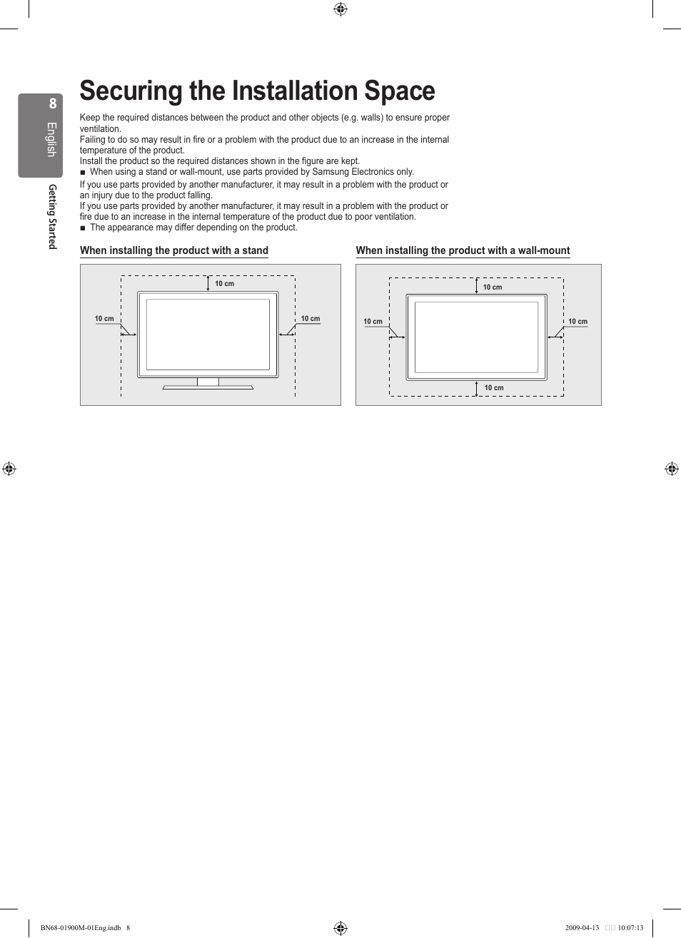 Securing the installation space | Samsung BN68-01900M-01 User Manual | Page 8 / 107