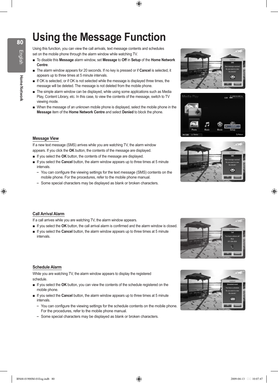 Using the message function, English, Home net w ork | Message view, Call arrival alarm, Schedule alarm | Samsung BN68-01900M-01 User Manual | Page 80 / 107