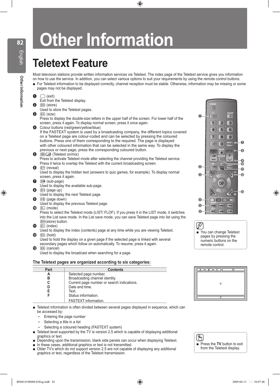 Other information, Teletext feature | Samsung BN68-01900M-01 User Manual | Page 82 / 107