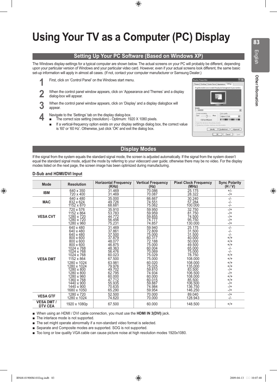 Using your tv as a computer (pc) display, Setting up your pc software (based on windows xp), Display modes | Samsung BN68-01900M-01 User Manual | Page 83 / 107